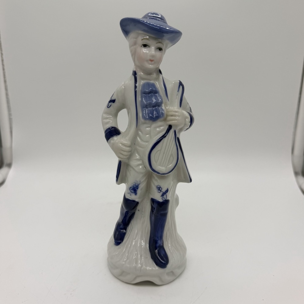 VTG Victorian Colonial Man with lute Musician Porcelain Figurine 8" Blue Delft